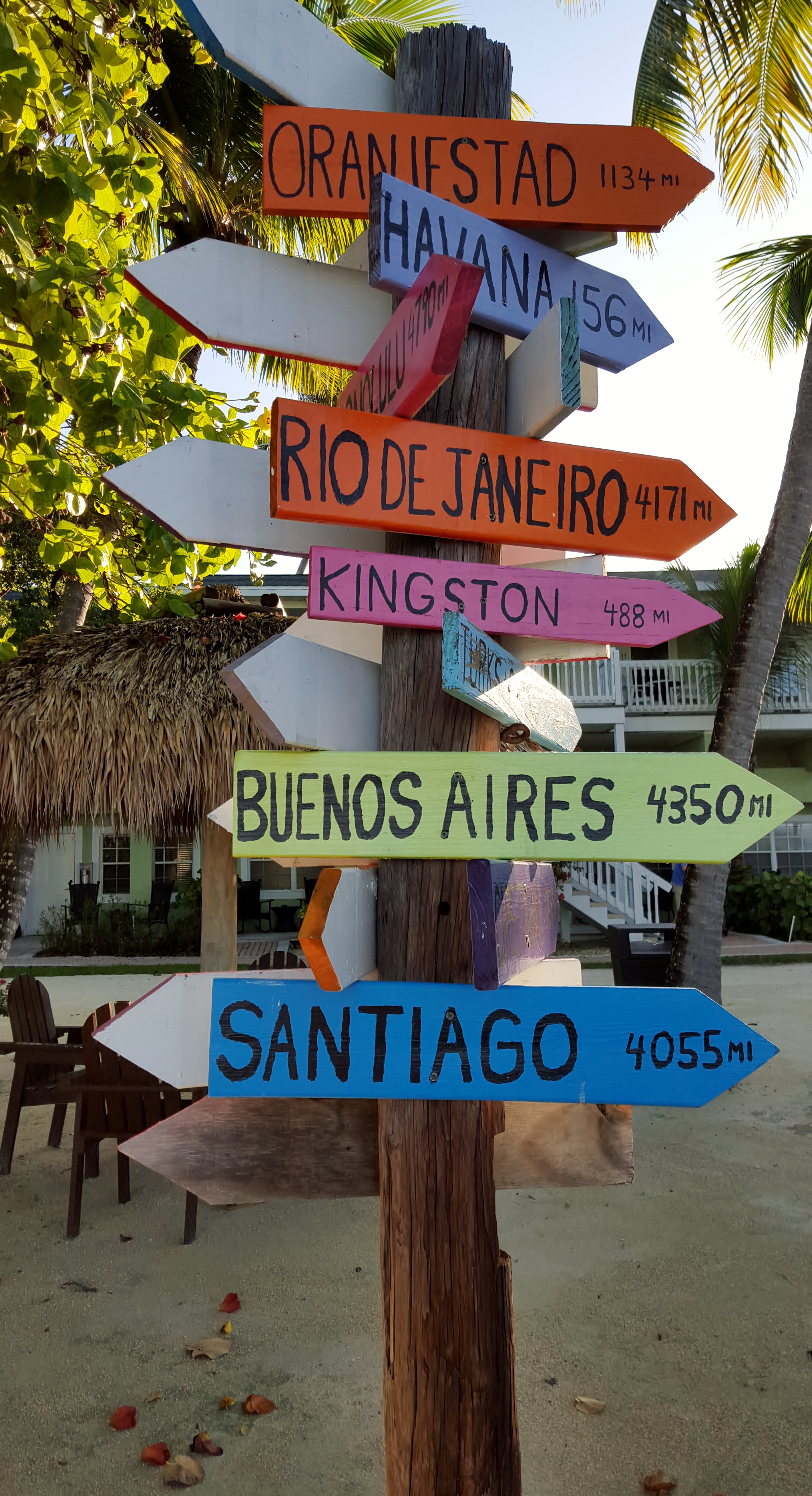 This famous mileage marker on the beach outside our room at the Lime Tree Resort