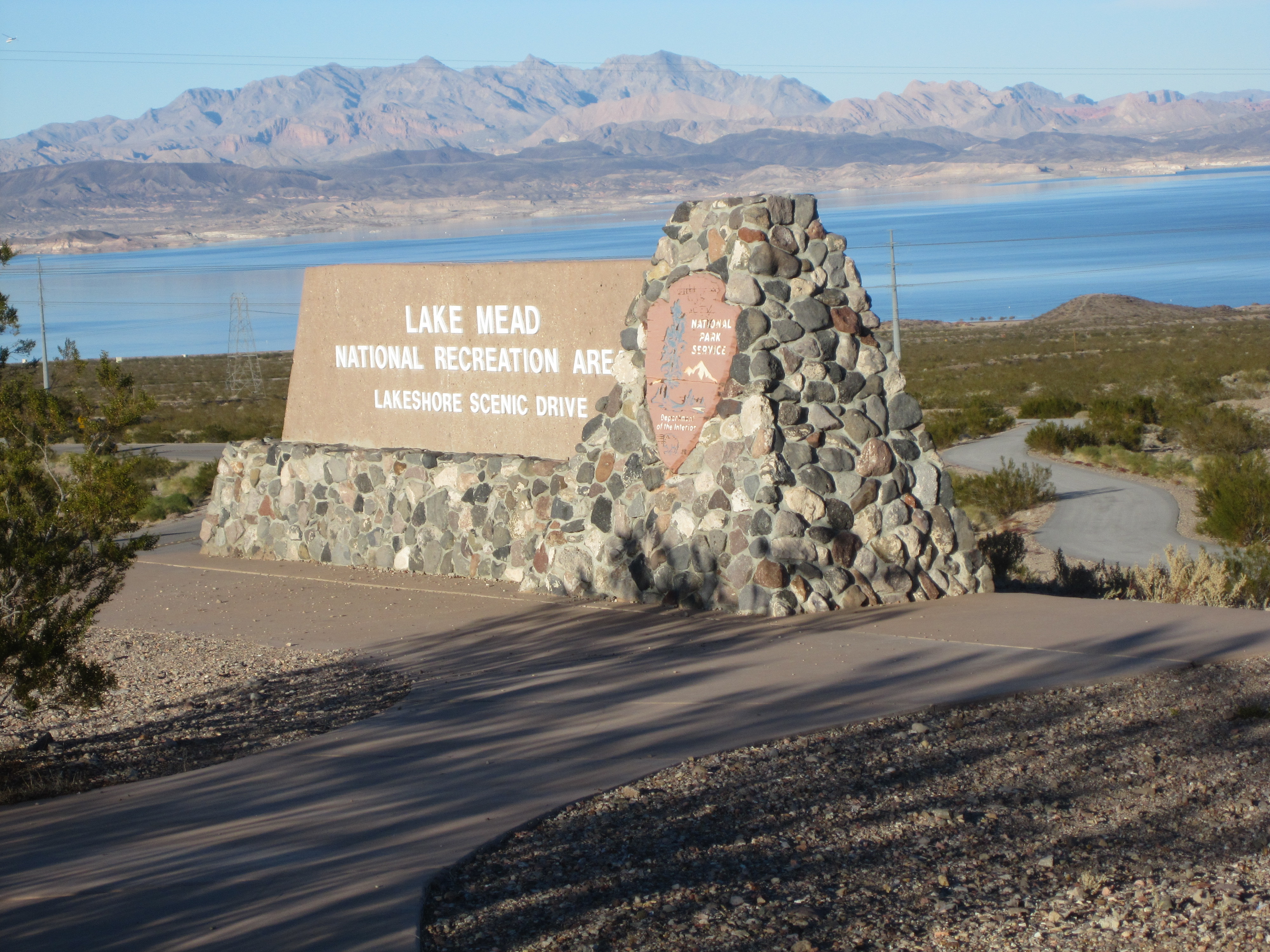 Trail runs along the shores of Lake Mead, and past the entrance to the Lake Mead National Recreation Center 