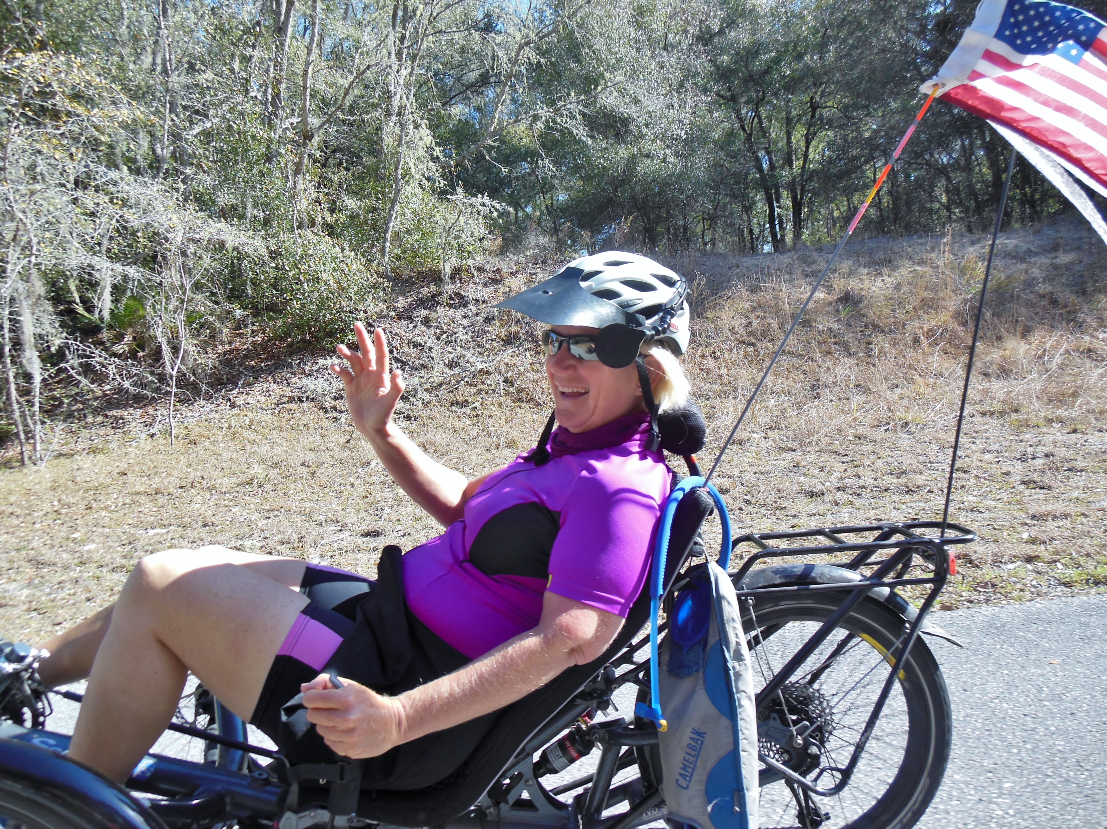 Sylvia Halpern rides with us for a few miles on the Withlachoochee